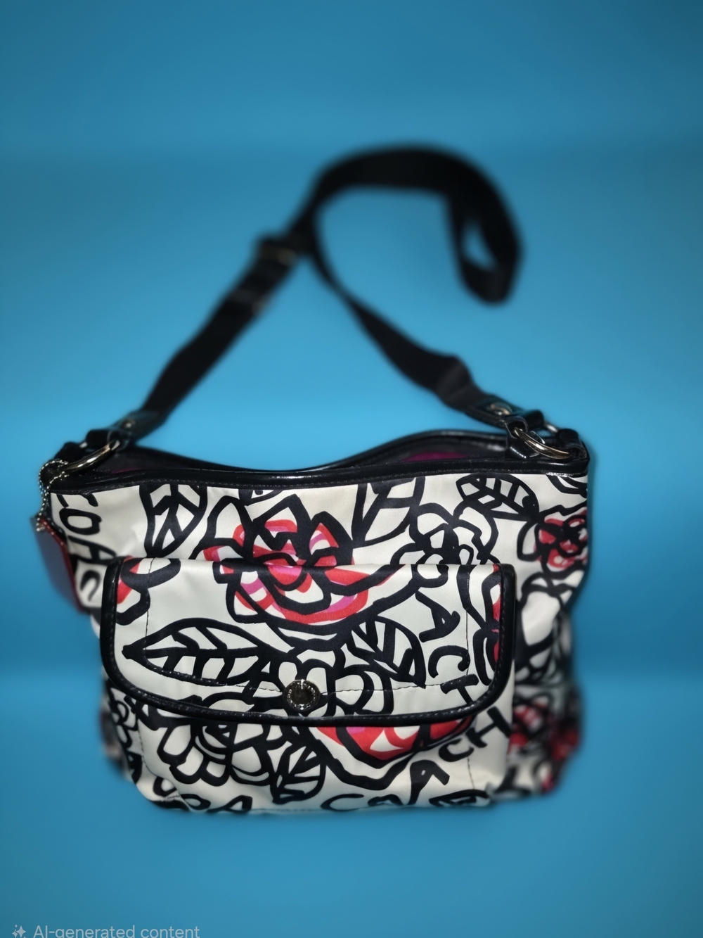 Coach Satin Poppy Black White Pink Camelia shoulder  crossbody EUC